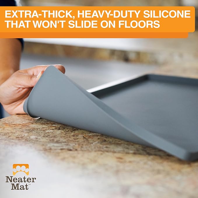 Neater Pet Brands Neater Mat Pet Mats for Food and Water, Cat & Dog Bowl Mat Waterproof Silicone, Feeding Tray, Dog Food Mats for Floors, Placemat w/Raised Edge for Under Bowls, 16” x 10”, Grey - Image 4