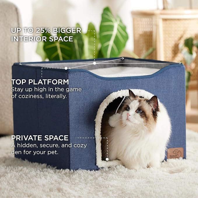 Bedsure Cat House Bed for Indoor Cats with Fluffy Ball and Scratch Pad,Blue | 16.5x16.5x13 in,Large Cat Cave for Multiple Pets,Foldable Cat Hideway Cube for Sleeping Kitten - Image 2