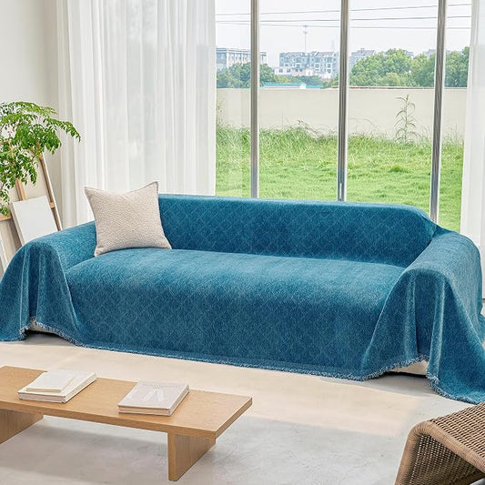 VANJOROY Boho Couch Cover Chenille for 2 Cushion Loveseat, Washable Blue Sofa Couch L-Shape Cover Protector Soft Sofa Slipcovers for Pets Dog with Tassel,71"x 102" by CHOOSEVANJOROYENJOYAMORECOMFORTABLEFEELING