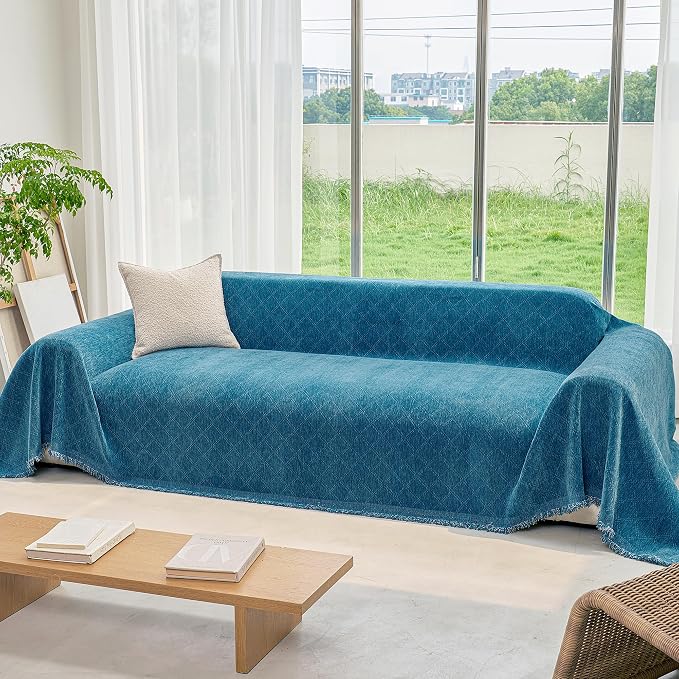 VANJOROY Boho Couch Sofa Cover for 3 Cushion Sectional Sofa L-Shape -Washable Chenille Couch Cover for Dogs Pets, Boho Couch Cover Protector Soft Blue Sofa Slipcovers with Tassel,91"x 134" by CHOOSEVANJOROYENJOYAMORECOMFORTABLEFEELING