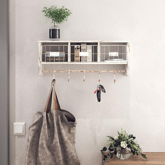 HBCY Creations Wall Mounted Shelf with Coat Hooks and Baskets, Solid Wood Entryway Organizer Wall Shelf with Hooks - Hang Coats, Keys or Coffee Mugs, Rustic Whitewashed 24" Wide by HBCYCreations