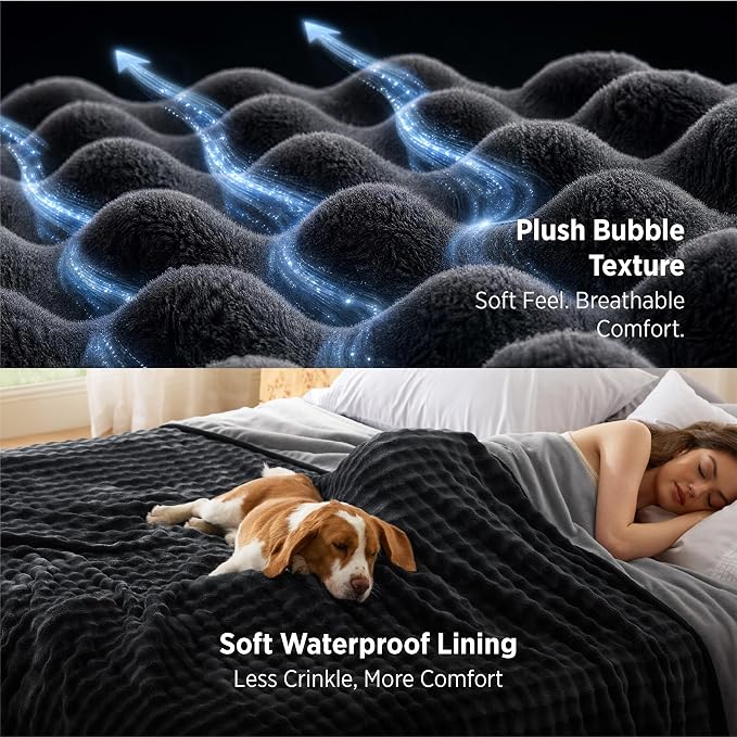 Bedsure Bubble Waterproof Blanket for Bed - Soft Fleece Reversible Dog Blankets for Large Dogs, Waterproof Couch Sofa Cover Bed Protector, Black/Grey, Queen 90x90 inches - Image 6
