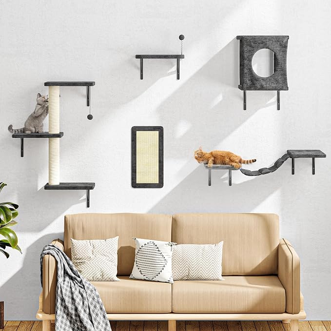 NUNU LAB Cat Wall Shelves Set, 5 Pcs Wall-Mounted Cat Climber with Cat House, Bridge, Scratching Post, Hammock, Wall Shelves, Gray - Image 2