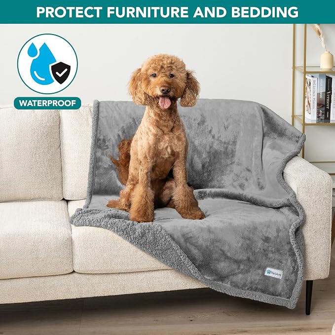 PetAmi Waterproof Dog Blanket for Couch, Large 60x40, Pee Proof Sherpa Fleece Reversible Pet Throw, Furniture Protector for Bed Sofa Kennel, Soft Washable Cover for Medium Dogs Cats, Light Grey - Image 7