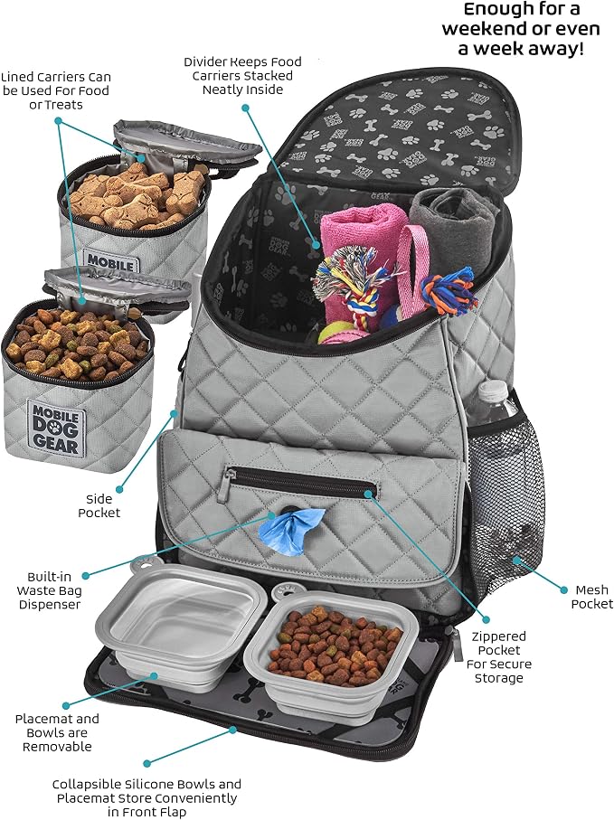 Mobile Dog Gear, Dog Travel Bag, Deluxe Quilted Weekender Backpack, Includes Lined Food Carriers and 2 Collapsible Dog Bowl, Gray - Image 3