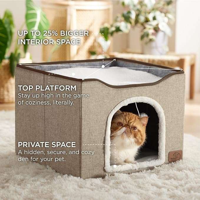 Bedsure Cat House Bed for Indoor Cats with Fluffy Ball and Scratch Pad | Brown,16.5x16.5x13 in,Large Cat Cave for Multiple Pets,Foldable Cat Hideway Cube for Sleeping Kitten - Image 2
