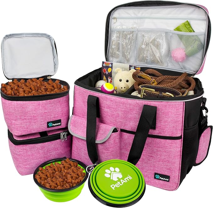 PetAmi Dog Travel Bag Organizer, Pet Travel Kit with 2 Food Containers & 2 Collapsible Dog Bowls, Pet Supplies Tote with Luggage Sleeve, Weekend Road Trip Camping Essentials, Pink, Large by PetAmi
