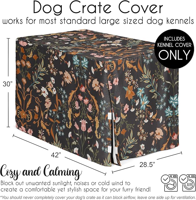 Sweet Jojo Designs 42in. Medium/Large Dog Crate Cover (Black Boho Wildflower) for Girls Pet Cage, Kennel Covers (Vintage, Floral, Leaves, Botanical, Paisley, Flower, Bohemian, Farmhouse, Orange, Blue) - Image 5