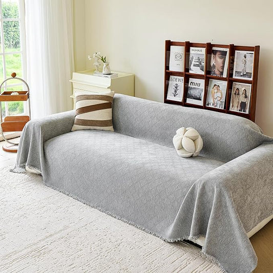 VANJOROY Grey Oversized Couch Sofa Cover for 3-4 Cushion Sectional Sofa L-Shape -Washable Chenille Couch Cover for Dogs Pets, Boho Couch Cover Protector Soft Sofa Slipcovers with Tassel,91"x 150" by CHOOSEVANJOROYENJOYAMORECOMFORTABLEFEELING