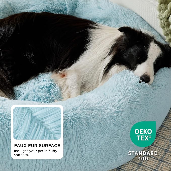 Bedsure Calming Dog Beds Large Sized Dog Donut Washable Pet Bed,36ins | Fluffy Faux Fur Round Cuddler,with Removable Washable Cover,Anti-Slip Bottom,Anti-Anxiety,for Pets Up to 80 Lbs,Aqua Blue - Image 3