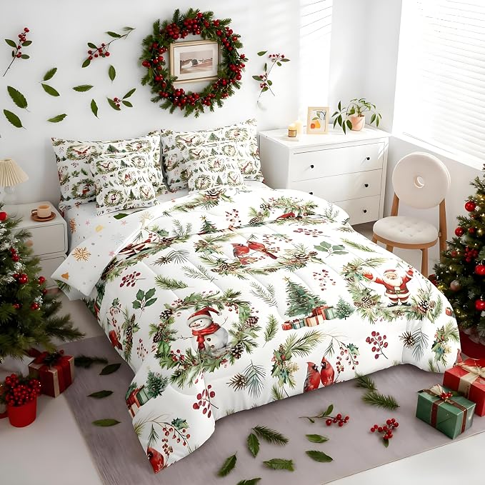 Erosebridal Merry Christmas Twin Comforter Set with Sheets 7 Piece Red Green Xmas Cardinal Bed in A Bag Xmas Snowman Santa Claus Bedding Sets for Women Men Christmas Red Berry Branches Wreath Bed Set by Erosebridal