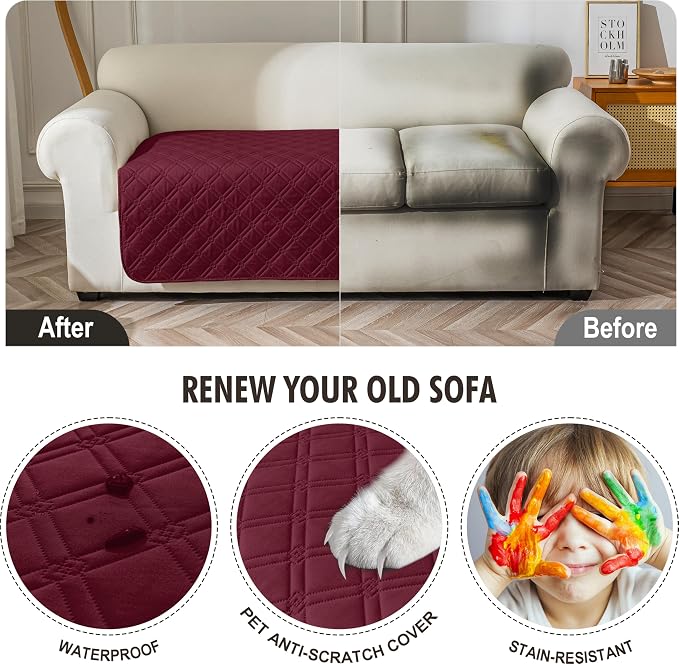 Genina Waterproof Couch Cover,Washable Anti-Slip 78inch Sofa Covers with 3 Cushions,Sectional Couch Covers for Pets Friendly, Sofa Slipcovers for Dogs Cats(78inch/Burgundy) - Image 4