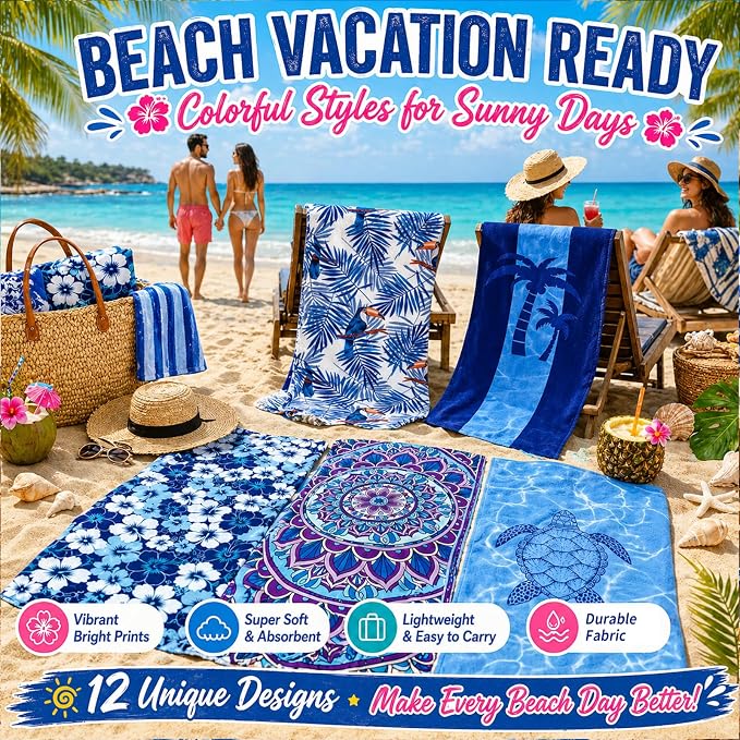 12 Pack Microfiber Beach Towel Set, 32x71 Oversized Extra Large Swim Pool Towel, Soft Fiber Beach Towels Set for Summer Travel, Spa, Swim Pool Accessories, Vacation Essential Gift (Blue and Floral Pac - Image 5