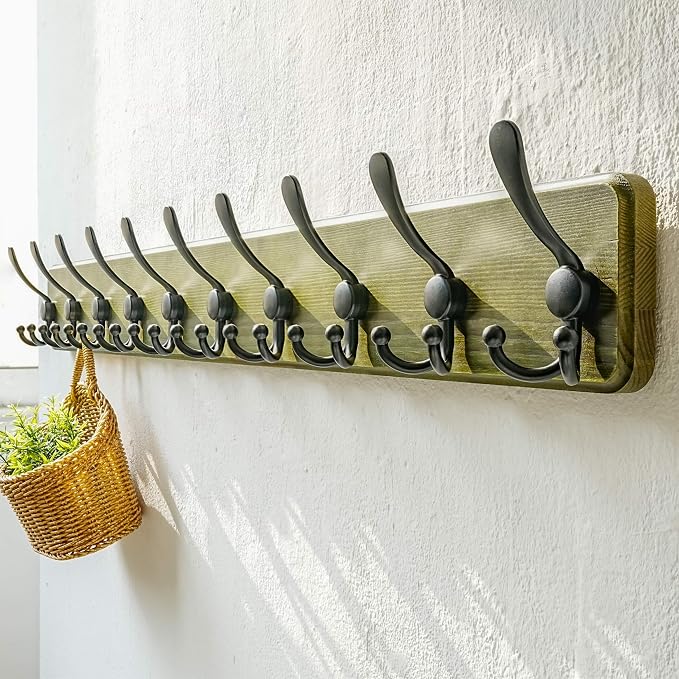Dseap Coat Rack Wall - Heavy-Duty 38-1/4" Long, with Reinforced 10 Custom Tri-Hooks, Solid Wood Wall Hanger for Coats Hat Jackets - Rustic Farmhouse Entryway Storage,Weathered Green & Black,Pack of 2 - Image 6