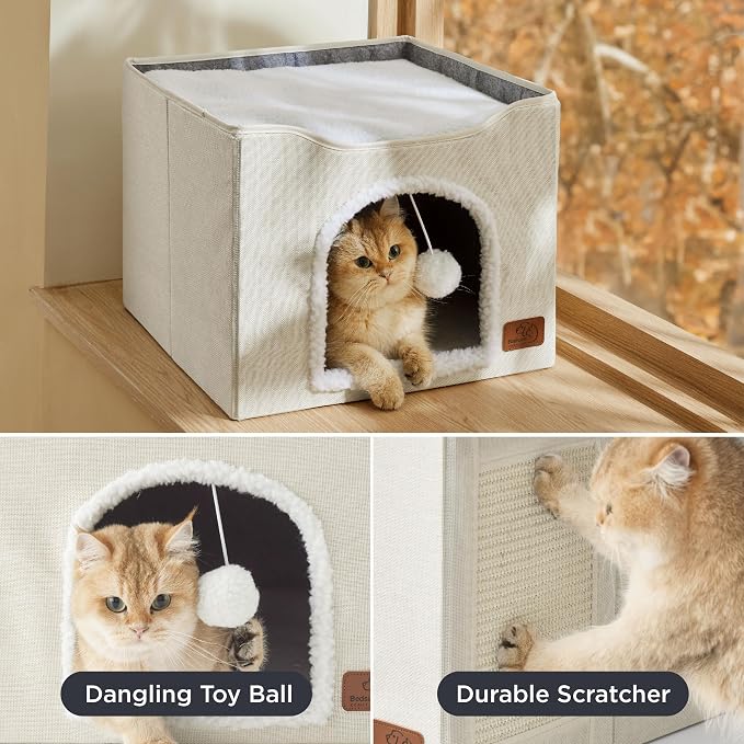 Bedsure Cat House Bed for Indoor Cats with Fluffy Ball and Scratch Pad | Ivory,16.5x16.5x13 in,Large Cat Cave for Multiple Pets,Foldable Cat Hideway Cube for Sleeping Kitten - Image 4