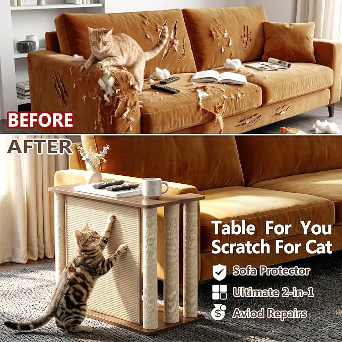 Couch End Table from Cat Scratch, Couch Protector with Sisal Scratching Post & Panel for Cat, Pet Corner for Wall & Furniture Protection, Walnut Left - Image 7