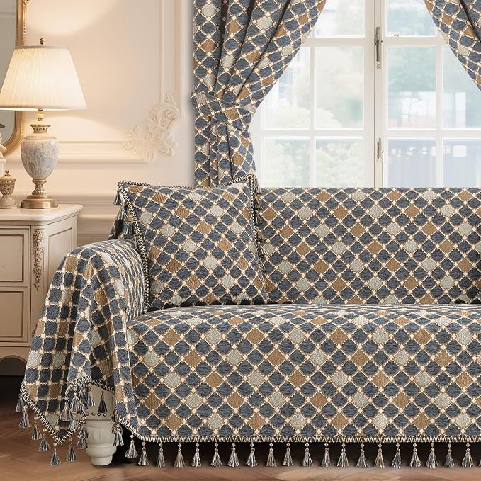 Loom and Mill Luxury Chenille Sofa Covers, Blue-Grey+Khaki+Beige, 71"x118" | Elegant Checkered Sofa Throw Cover with Tassels for 2-3 Cushion Couch, Sectional Couch Cover Sofa Slipcover for Dogs Pets by LoomandMill