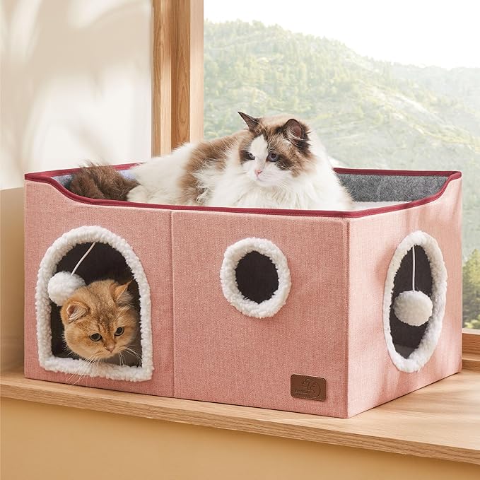 Bedsure Extra Wide Cat House Bed with Fluffy Ball and Scratch Pad,Pink | 23.6x16.9x13 in,Indoor Cat Cave for Multiple Pets, Foldable Cat Hideway Cube for Sleeping Large Cat and Kitten - Image 8