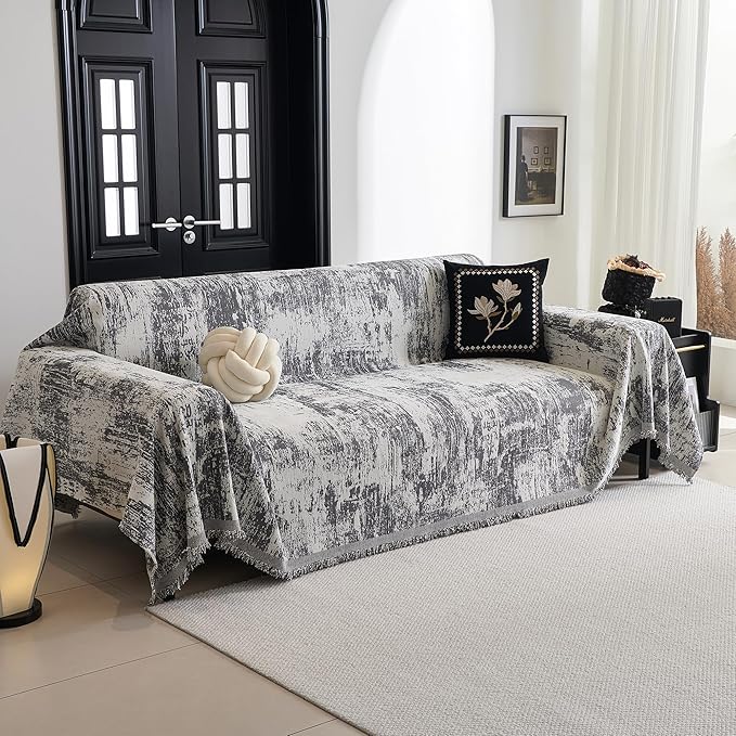 MYSKY HOME Sectional Couch Cover Deep Grey Abstract Geometric Sofa Covers for Sectional Sofa L Shape Chenille Couch Protector for Dogs Pets Couch Throw Cover Washable Durable for Home Decor, 71" X118" - Image 2