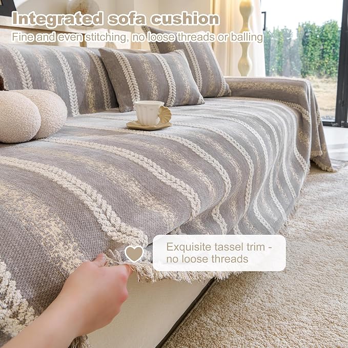 Couch Cover for Dogs Washable Sofa Cover, Sectional Couch Covers, Sofa Covers for 2 Cushion Couch, Non Slip Stripe Sofa Slipcovers Furniture Protector (Light Grey, 71 * 118) - Image 5