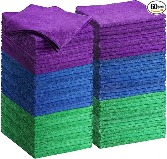 Nuenen Cleaning Cloths for Cars 16 x 16 Inch Ultra Absorbent Towels Drying Microfiber Reusable Cleaning Supplies House Kitchen Window Microfiber Towel (Purple,Blue,Green,60 Pcs) by Nuenen