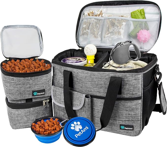 PetAmi Dog Travel Bag Organizer, Pet Travel Kit with 2 Food Containers & 2 Collapsible Dog Bowls, Pet Supplies Tote with Luggage Sleeve, Weekend Road Trip Camping Essentials, Gray, Medium by PetAmi