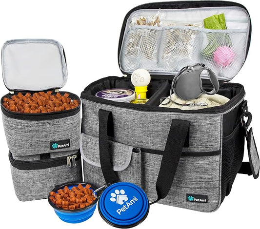 PetAmi Dog Travel Bag Organizer, Pet Travel Kit with 2 Food Containers & 2 Collapsible Dog Bowls, Pet Supplies Tote with Luggage Sleeve, Weekend Road Trip Camping Essentials, Gray, Medium by PetAmi