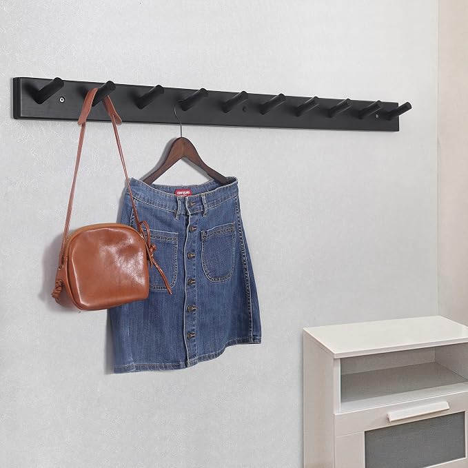 SKOLOO Wood Coat Rack Wall Mounted,10 Peg Long Bamboo Hook for Hanging Backpack Coat Towel Hat,16'' Hole to Hole,Pack of 2,Black - Image 3