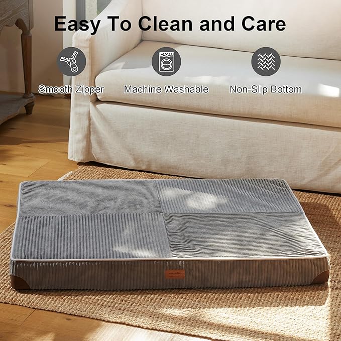 FUKUMARU X-Large Dog Bed, Thickened Waterproof Dog Mat with Washable Cover | 4" Extra Thick Egg Crate Foam Pet Mat, Corduroy Orthopedic Dog Bed for Crate, Flat Dog Pad with Anti-Slip Bottom - Image 5