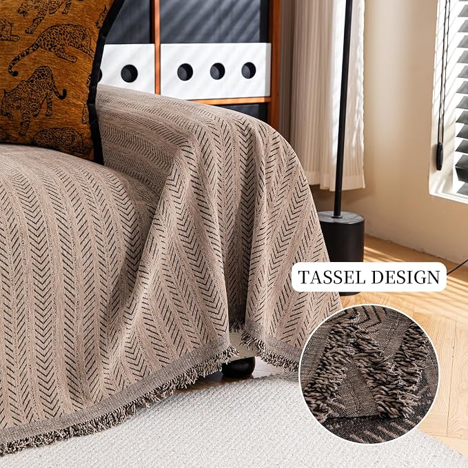Large Sofa Covers for Pets Kids,3 Cushion Couch Sectional Sofa Slipcover Furniture Protector, Non Slip Couch Cover Chenille Strip Couch Throw Blankets with Tassel, 71"x150", Light Brown - Image 3