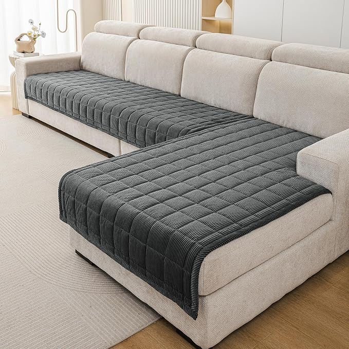 Velvet Couch Covers for Sectional Sofa Washable, Non-Slip L Shaped Sectional Couch Cover, Soft Pet Couch Covers for Sofa, Furniture Slipcovers for 3 Cushion Couch(1PC,35"x94",Dark Grey) - Image 3
