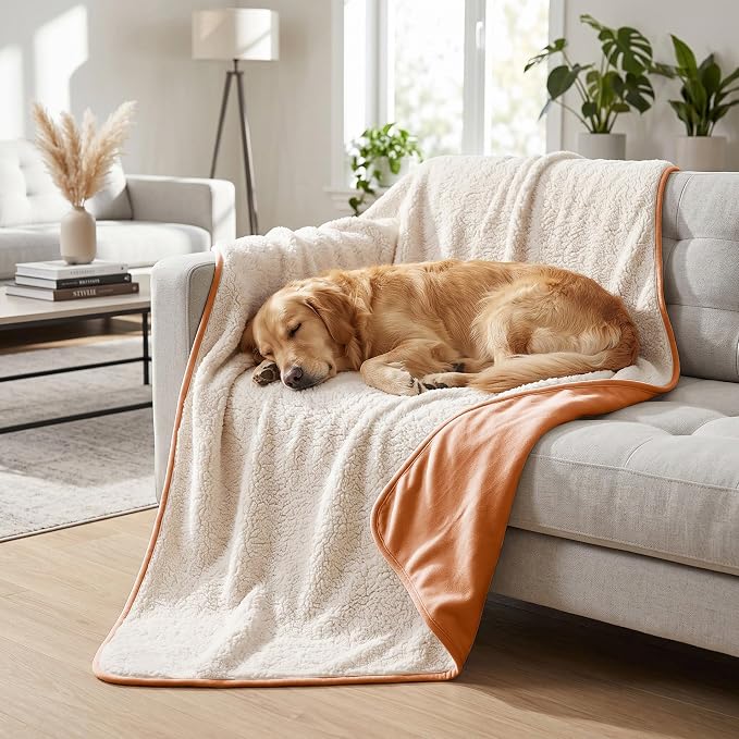 Waterproof Blanket for Couch - Dog Throw as Furniture Protector | Cozy Sherpa & Smooth Velvet, Reversible and Machine Washable, for Couch and bed, 50"x60", Orange by TuffeelHome