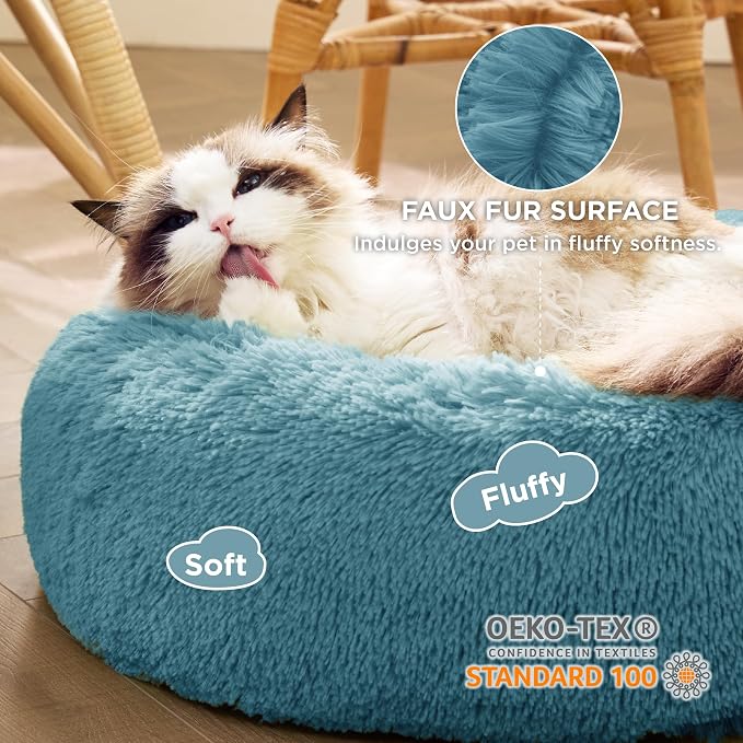 Bedsure Calming Cat Beds Donut Round Washable Kitten Bed,20 inches | Fluffy Faux Fur Cuddler,Anti-Slip Bottom,Anti-Anxiety,Deep Sleeping for Cats&Small Pets Up to 15 Lbs,Washed Blue - Image 2