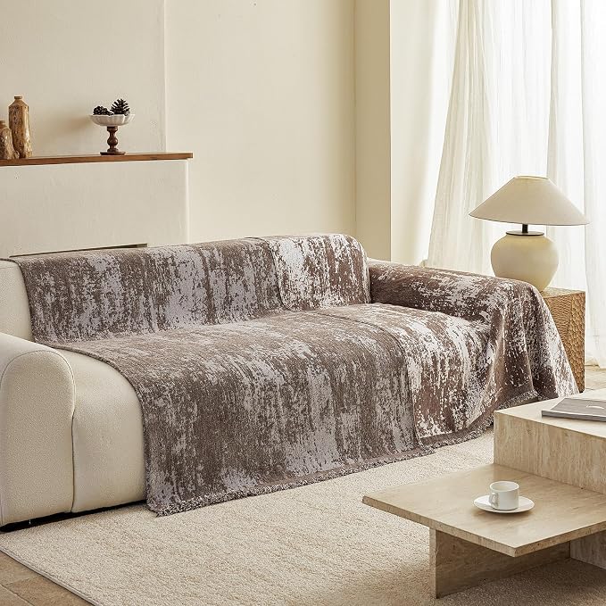 VClife Boho Couch Cover, Non Slip Soft Couch Covers for 3-4 Cushion Couch Sofa Pet Friendly, Irregular Vintage Brown Off-White Scraped Texture Furniture Protector Sofa Slipcover for Dog, 71" X 150" - Image 8