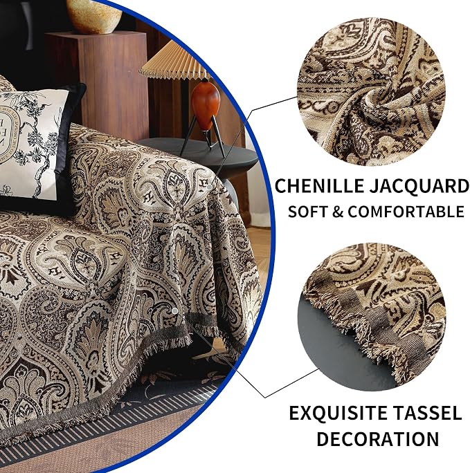 Vintage Couch Covers for Sofa Washable Sofa Covers for 3 Cushion Couch Non Slip Couch Covers for sectional Sofa Chenille Jacquard Furniture Protector for Dogs Pet Friendly Brown, 91"x134" - Image 8
