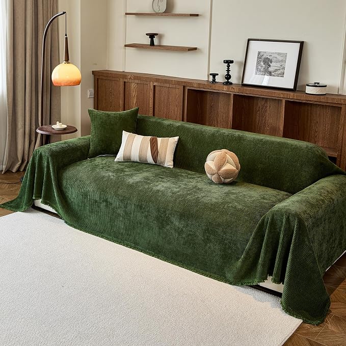 VClife Vintage Olive Green Striped Couch Cover with Tassel, 71" X 118" | Soft Thick Chenille Couch Covers for 2 Cushion Couch Sofa, Washable Sofa Covers for Sectional Sofa, Fade & Shrink Resistant - Image 3