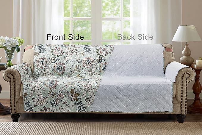 Brilliant Sunshine Green Vintage Beautiful Flowers Couch Cover, 78" seat | Non Slip Sofa Cover, Living Room Quilted Furniture Protector, Extra Large Washable Slipcover for Pets, Dogs & Cats - Image 4