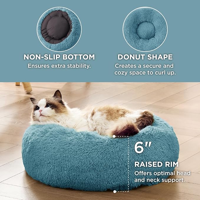 Bedsure Calming Cat Beds Donut Round Washable Kitten Bed,20 inches | Fluffy Faux Fur Cuddler,Anti-Slip Bottom,Anti-Anxiety,Deep Sleeping for Cats&Small Pets Up to 15 Lbs,Washed Blue - Image 3