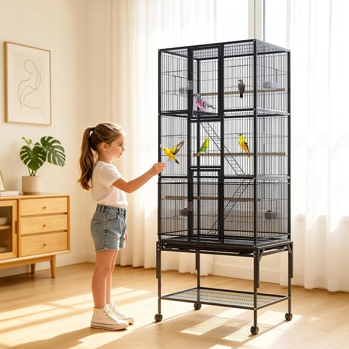 69-Inch Large Bird Cage with Dust Cover,Extra Large Bird Cages for Parakeet | Birdcages for Cockatiels Quaker Conure Lovebird Finch Canary Small Medium Parrot with Rolling Wheels,Black - Image 5