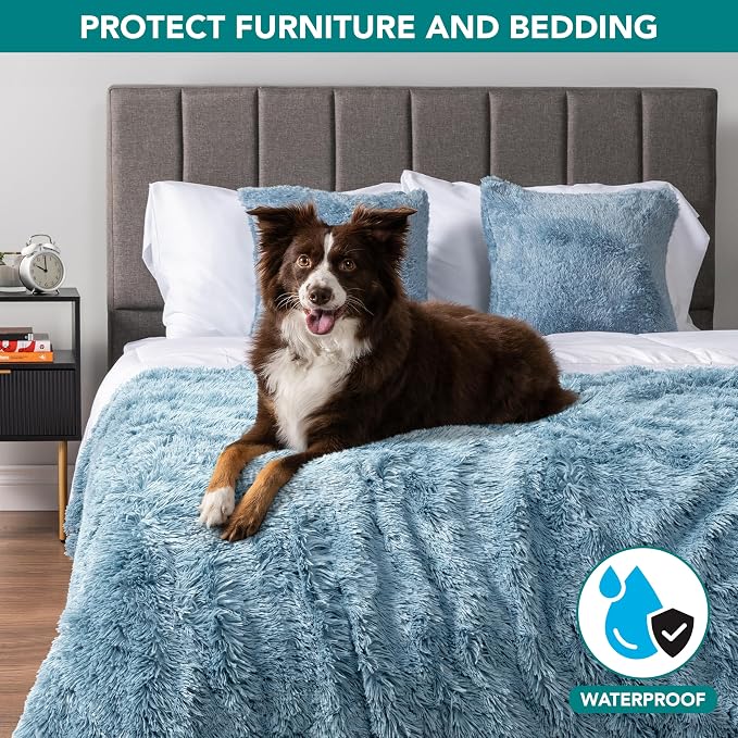 PetAmi Waterproof Dog Blanket for Couch, Bed & Furniture,Reversible Sherpa & Faux Fur Pet Blanket, Leakproof Blanket for Dog Cat, Washable Couch Protector, Soft Calming Pet Throw (40x60, Light Blue) - Image 2