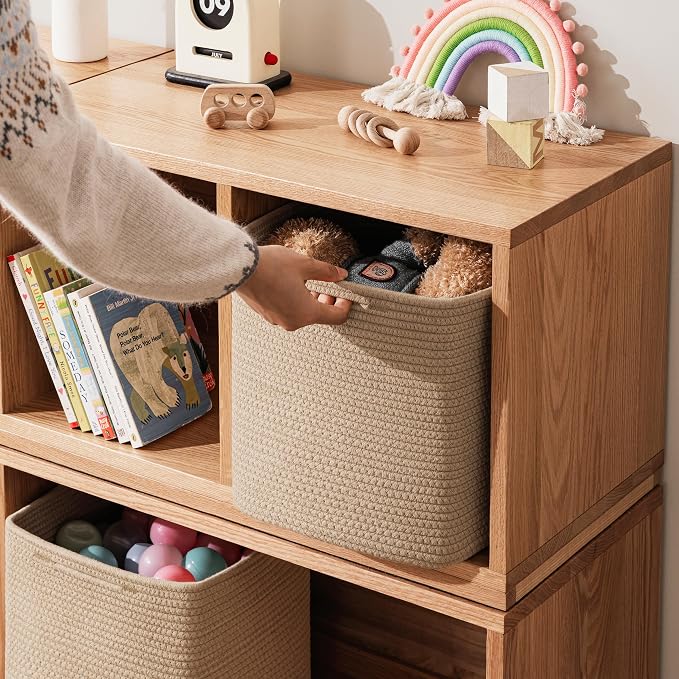 joybest 11inch Cube Storage Bins, Cotton Rope Woven Organizer Basket | Set of 4 Cube Bin Square Shelves Organizer Closet Storage, Nursery, Toy Organization, Brown - Image 5