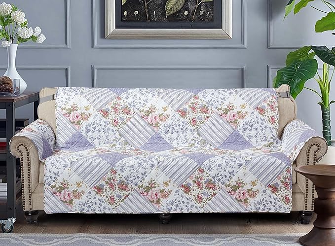 Brilliant Sunshine Rose Violet Floral Flowers Couch Cover, 70" seat | Patchwork Design, Non Slip Sofa Cover, Quilted Furniture Protector, Large Washable Slipcover for Pets, Dogs & Cats by BrilliantSunshine