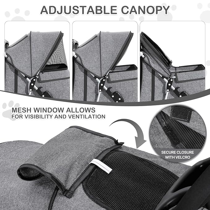 MoNiBloom 3 Wheels Pet Dog Cat Stroller for Small Medium Dogs and Cats, Lightweight Foldable Jogger Stroller w/Storage Basket and Cup Holder, Gray