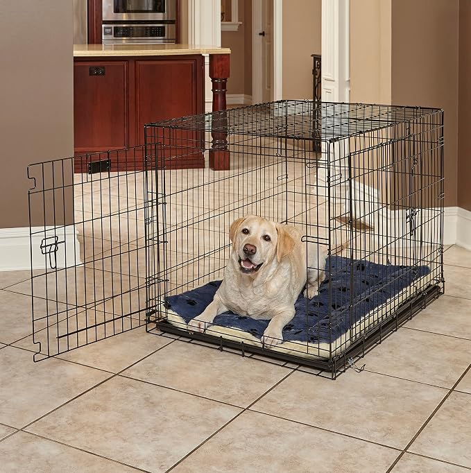 MidWest Homes for Pets QuietTime Reversible Paw Print Pet Bed, Soft Faux Fur & Fleece 42-Inch Crate Mat for Large Dogs, Machine Washable, Blue and Cream - Image 2