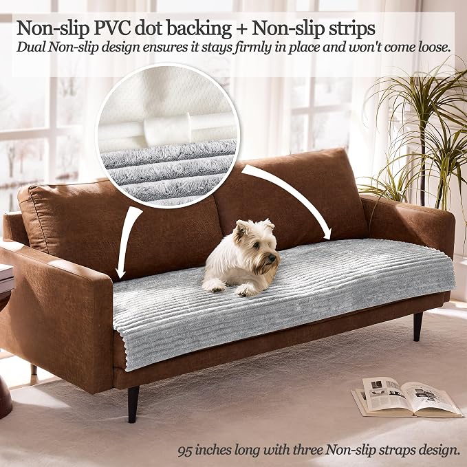 Dual Non-Slip Couch Cover for Dogs Waterproof, Fuzzy Soft Pet Couch Covers for Sofa 3 Cushion, Pet Friendly Soft Dog Bed Covers Sofa Cover Washable (Seagull Gray, 33" x 85" 1 Pack) - Image 2