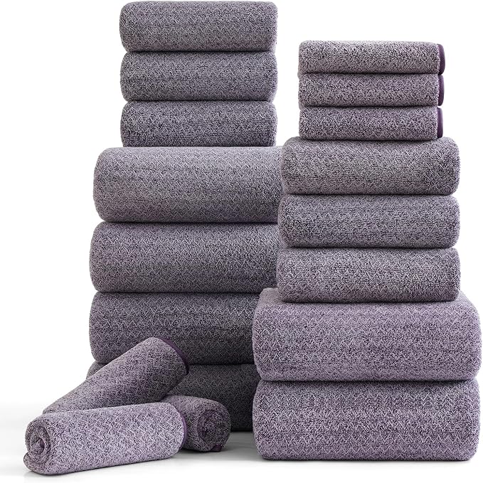 18 Piece Bath Towels Set,100% Microfiber Family Bathroom Towel with Hanging Loops-6 Bath Towels,6 Hand Towels,6 Washcloths,Quick Dry Highly Absorbent Shower Towel for Bathroom,Hotel,Spa-Dark Purple by Ycosy