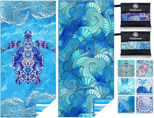 Widdonen Microfiber Beach Towel,Compact 2 Pack-71x32 Inch with Bag Travel | Extra Large,Lightweight,Thin,Sand Free,Quick Dry,Absorbent.Packable for Camping,Swim,Pool,Bath,Picnic,Cruise Essentials Gift by WIDDONEN
