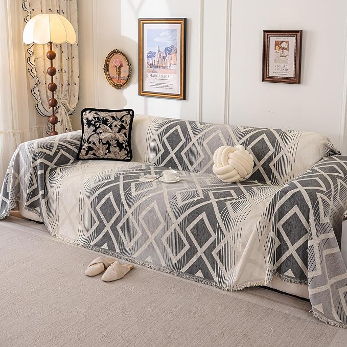 ROOMLIFE Couch Cover 3 Cushion Sofa, Washable Non Slip Furniture Sofa Protector Cover, Soft Chenille Sofa Slipcovers Sectional L Shape Dogs Couch Cover Throw Blanket with Tassels 71''X134'' - Image 2