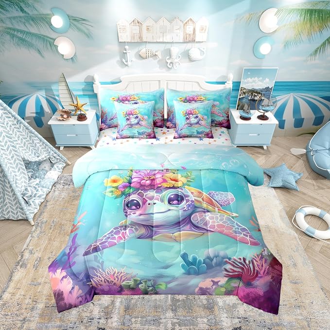 Erosebridal Turtle King Size Comforter Set with Sheets, Reptile Bed in A Bag for Kids Teens Youth Adults Bedroom, Underwater World Sea Animal 7 Pcs Bedding Set, Watercolour Coral Bed Sets by Erosebridal