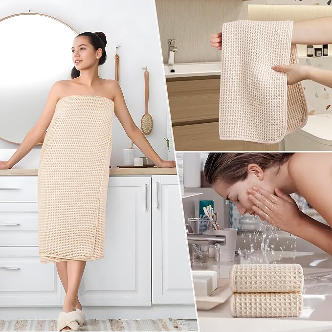 POLYTE 430 GSM Microfiber Quick Dry Lint Free Oversize Bath Towel Set, 6 Piece (Waffle Weave) - Image 5